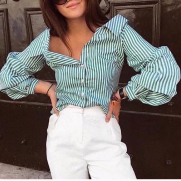 NWT Zara Green Striped Wide Open Neck Over the Shoulder Blouse Shirt puff Sleeve - Picture 4 of 16